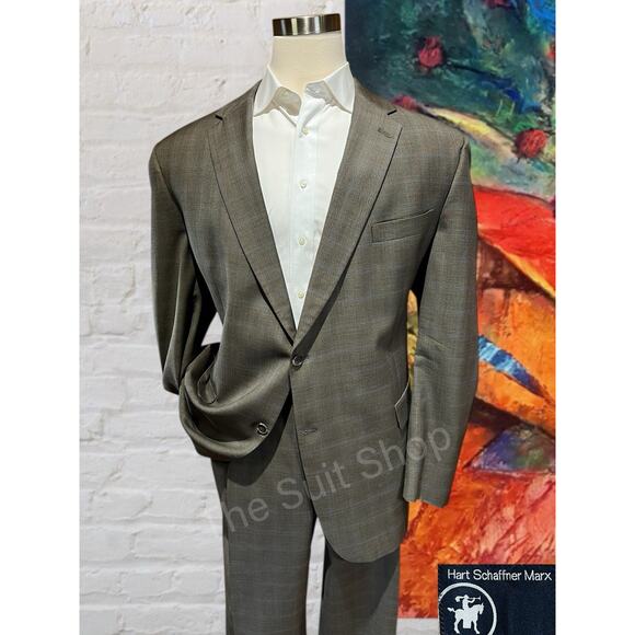 Hart Schaffner Marx Mens 52L 44x34 Taupe Gray Ice Blue Plaid Suit U.S.A. - Picture 1 of 16